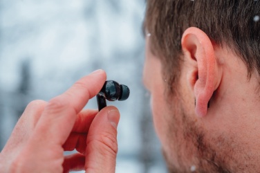 Logo trade promotional giveaways picture of: Skywave RCS recycled plastic solar earbuds